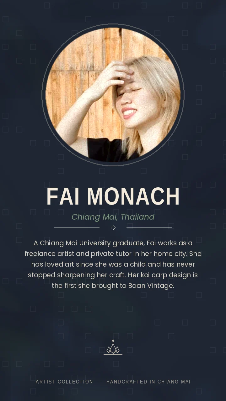 Artist profile — Fai Monach, Chiang Mai. Chiang Mai University graduate, freelance artist and private tutor. Creator of the koi carp design.