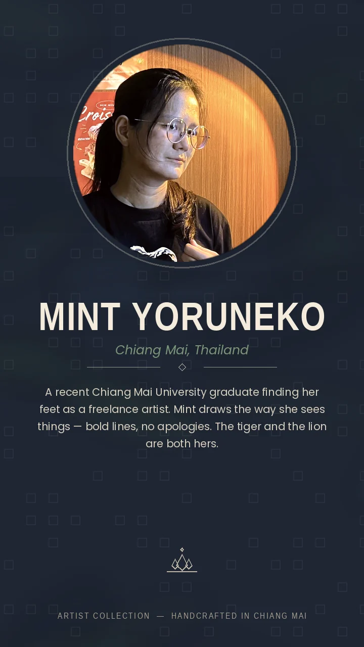 Artist profile — Mint Yoruneko, Chiang Mai. Chiang Mai University graduate and freelance artist. Creator of the tiger and lion designs.