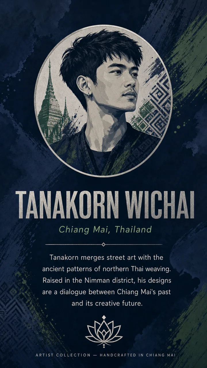 Artist profile — Tanakorn Wichai, Chiang Mai. Merges street art with northern Thai weaving patterns.