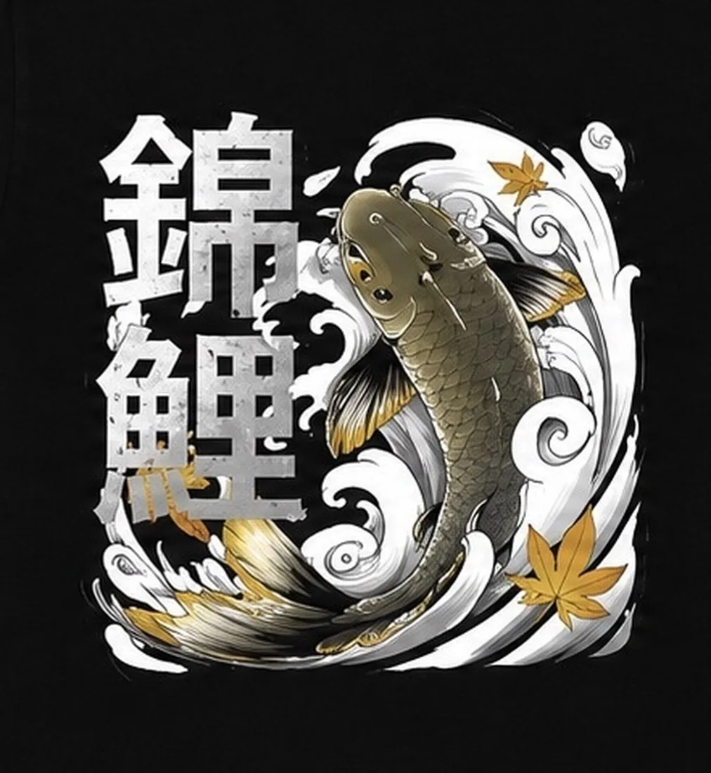 เสื้อยืดลายปลาคราฟ Koi สีดำ — ภาพรายละเอียดงานพิมพ์
