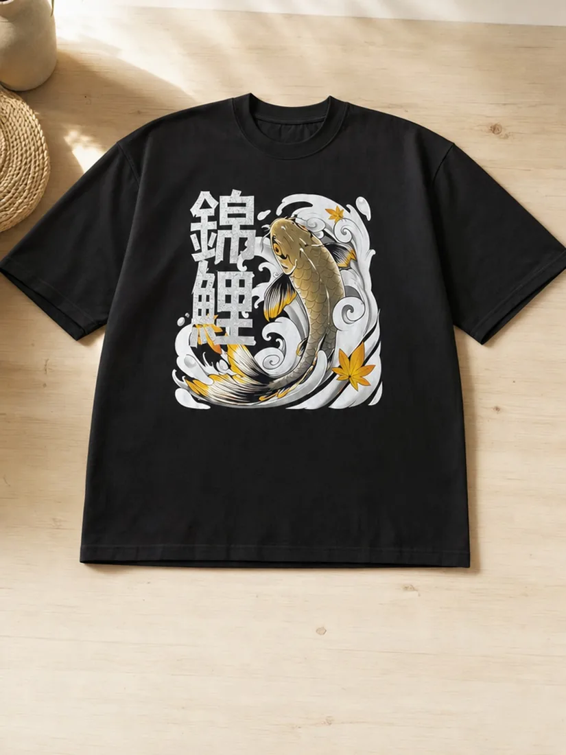 เสื้อยืดลายปลาคราฟ Koi สีดำ — ภาพวางแบน