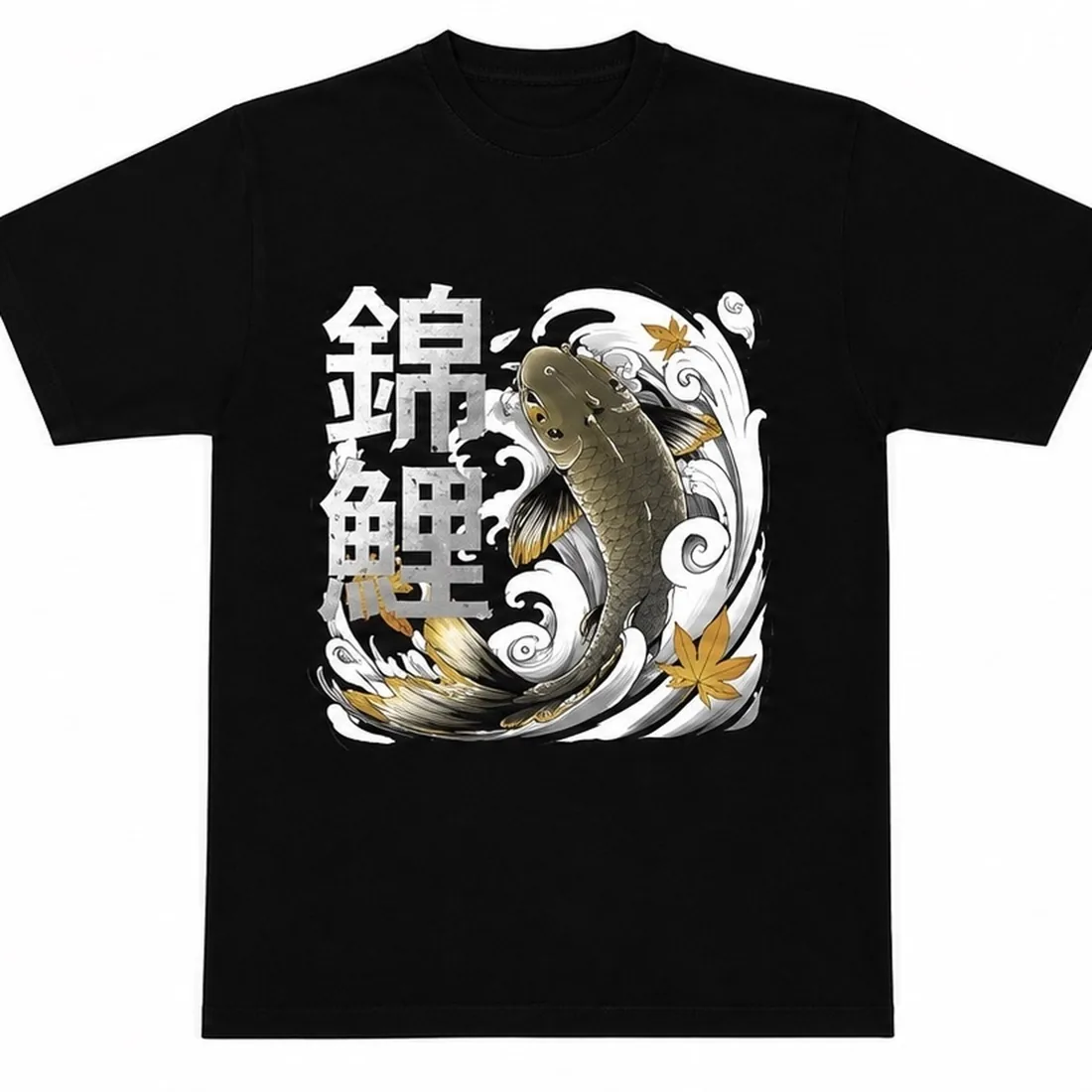 Black graphic tee — golden koi fish with 錦鯉 kanji