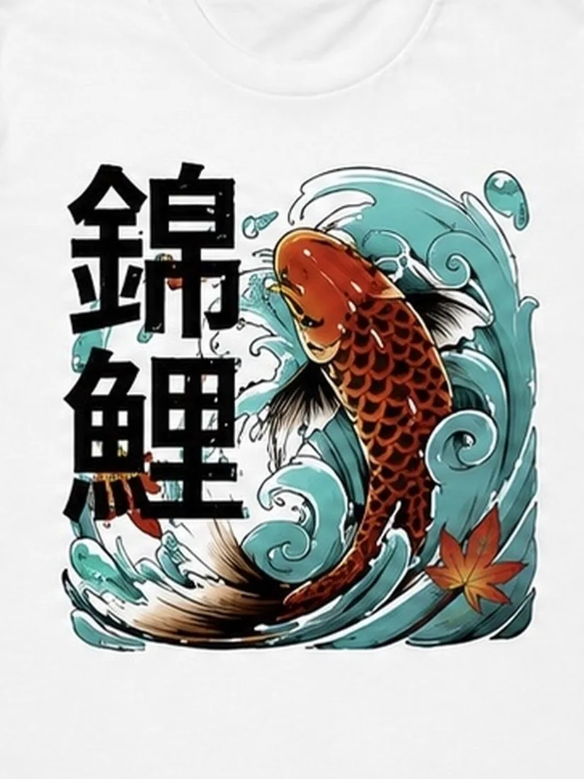 เสื้อยืดลายปลาคราฟ Koi สีขาว — ภาพรายละเอียดงานพิมพ์