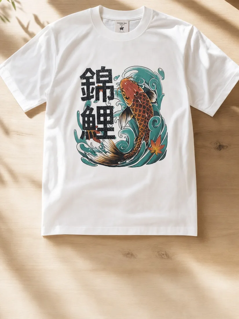 เสื้อยืดลายปลาคราฟ Koi สีขาว — ภาพวางแบน