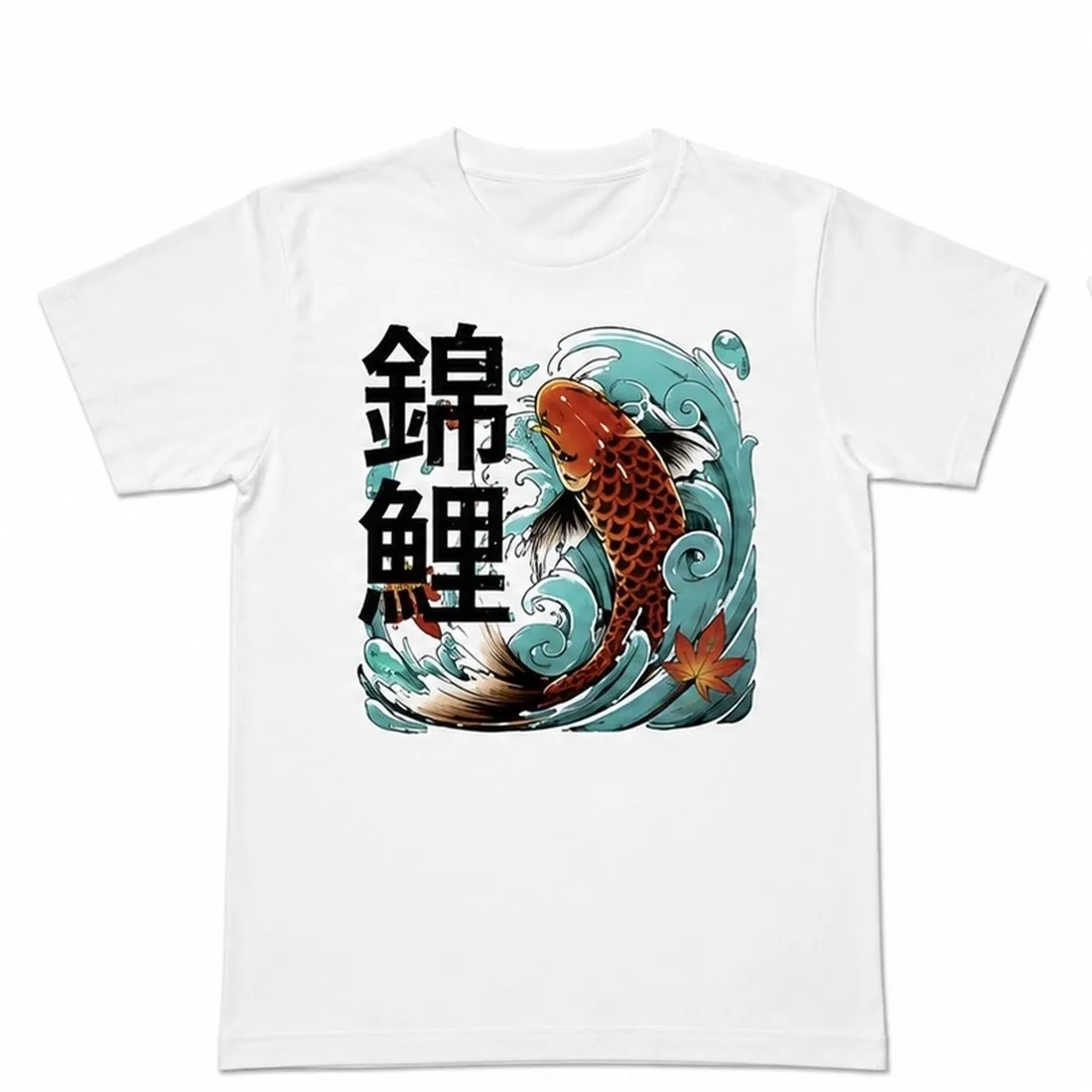 White graphic tee — koi fish with 錦鯉 kanji, Japanese irezumi style